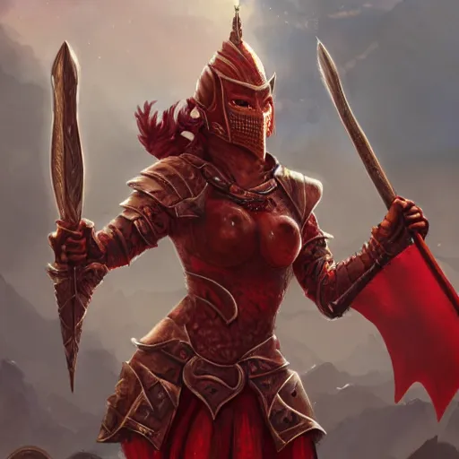 Image similar to A noble female red dragonborn paladin with a halberd heroically posing in front of a castle, fantasy, medieval, cinematic, plate armor, serious expression, 8k, trending on artstation, Bayard Wu, Rudy Siswanto, Sam Santala, In the style of Clint Cearley