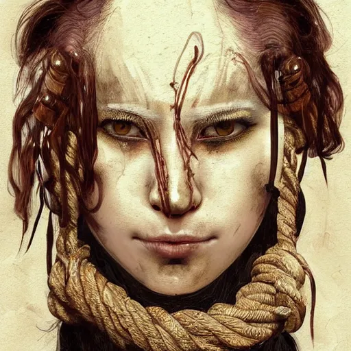 Image similar to portrait of a Shibari rope wrapped face and neck, headshot, insanely nice professional hair style, dramatic hair color, digital painting, of a old 17th century, old cyborg merchant, amber jewels, baroque, ornate clothing, scifi, realistic, hyperdetailed, chiaroscuro, concept art, art by Franz Hals and Jon Foster and Ayami Kojima and Amano and Karol Bak,