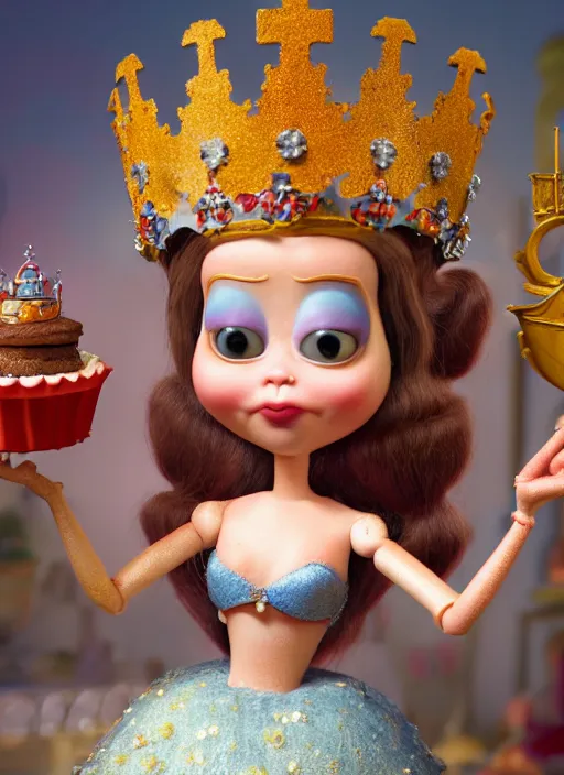Image similar to highly detailed closeup, face profile portrait of a tin toy fairytale princess wearing a crown eating cakes, bikini, unreal engine, by nicoletta ceccoli, mark ryden, lostfish, dan decarlo, bob clampett, max fleischer, global illumination, detailed and intricate environment