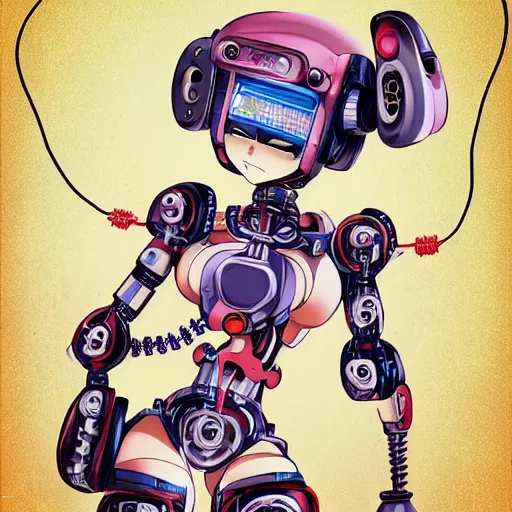 Image similar to Anime manga robot!! Anime girl, cyborg girl, exposed wires and gears, fully robotic!! girl, manga!! in the style of Junji Ito and Naoko Takeuchi, cute!! chibi!!! Schoolgirl, epic full color illustration