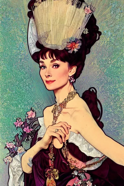 Prompt: beautiful closeup portrait of Audrey Hepburn as Marie Antoinette , by Alphonse Mucha, Artgerm, Art Nouveau, Neo-Gothic, gothic, rich vivid colors