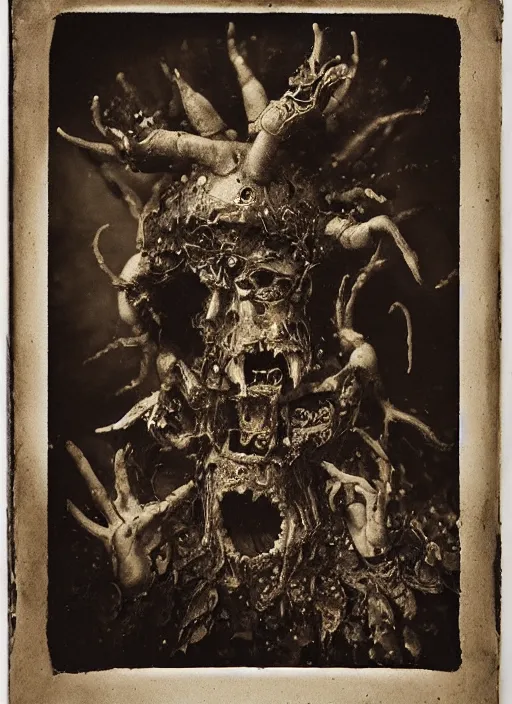 Prompt: old wetplate daguerreotype demons, devil, pain, anger, torment, angel, explosion of data fragments, fractal, intricate, elegant, highly detailed, parallax, leica, medium format, subsurface scattering, by jheronimus bosch and greg rutkowski and louis jacques mande daguerre