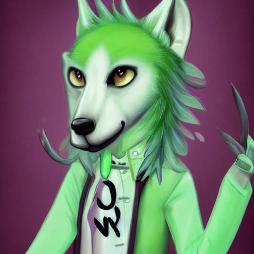 Image similar to Beautiful digital painting of an anthro anthropomorphic pastel-green wolf, Punk outfit. cute