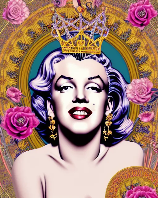 Prompt: a portrait of glamourous young Marilyn Monroe in front of an Art Nouveau mandala wearing a huge elaborate detailed ornate crown made of all types of realistic colorful flowers, turban of flowers, sacred Geometry, Golden ratio, surrounded by scattered flowers peonies dahlias lotuses roses and tulips, photorealistic face, Cinematic lighting, rimlight, detailed digital painting, Portrait, headshot, in style of Alphonse Mucha, Artgerm, WLOP, Peter Mohrbacher, William adolphe Bouguereau, cgsociety, artstation, Rococo and baroque styles, symmetrical, hyper realistic, 8k image, 3D, supersharp, pearls and oyesters, turban of vibrant flowers, satin ribbons, pearls and chains, perfect symmetry, iridescent, High Definition, Octane render in Maya and Houdini, light, shadows, reflections, photorealistic, masterpiece, smooth gradients, no blur, sharp focus, photorealistic, insanely detailed and intricate, cinematic lighting, Octane render, epic scene, 8K