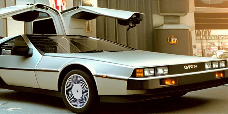 Prompt: Photoreal Cinematography of a photorealistic Delorean Time Machine From Back To The Future Parked in Twin Pines Mall in 1985 with one door open