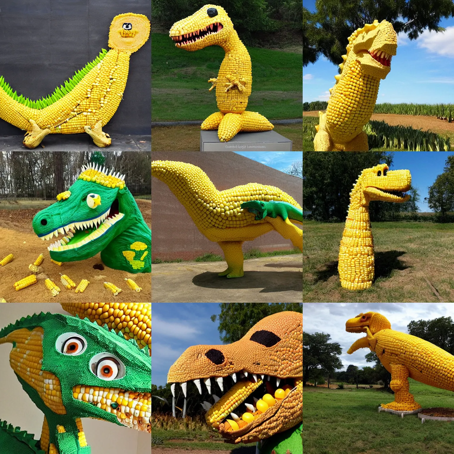 Prompt: a dinosaur made out of corn on the cob, anatomically accurate