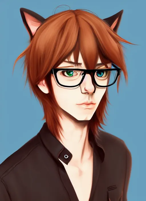 Prompt: a beautiful cute german guy with very long chestnut! hair, with glasses and short stubble! goatee cosplay of a catboy!, cosplay of mewmew, digital painting, concept art, matte, artgerma