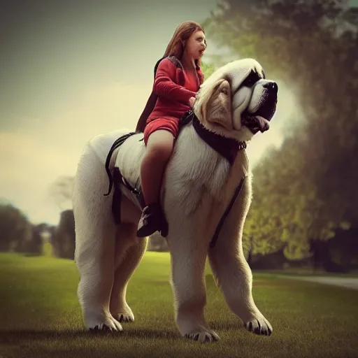 Image similar to girl riding a giant saint Bernard in the park, trending on artstation