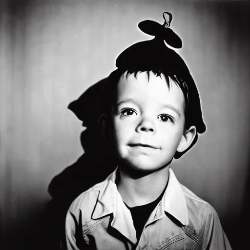 Prompt: photo of Alfalfa from Little Rascals, by Diane Arbus, black and white, high contrast, Rolleiflex, 55mm f/4 lens