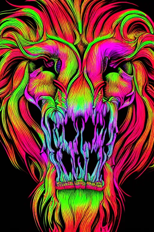 Image similar to highly detailed photo of psychedelic lion skull in the style of Greg Rutswoski, concept art, 8K detail post-processing