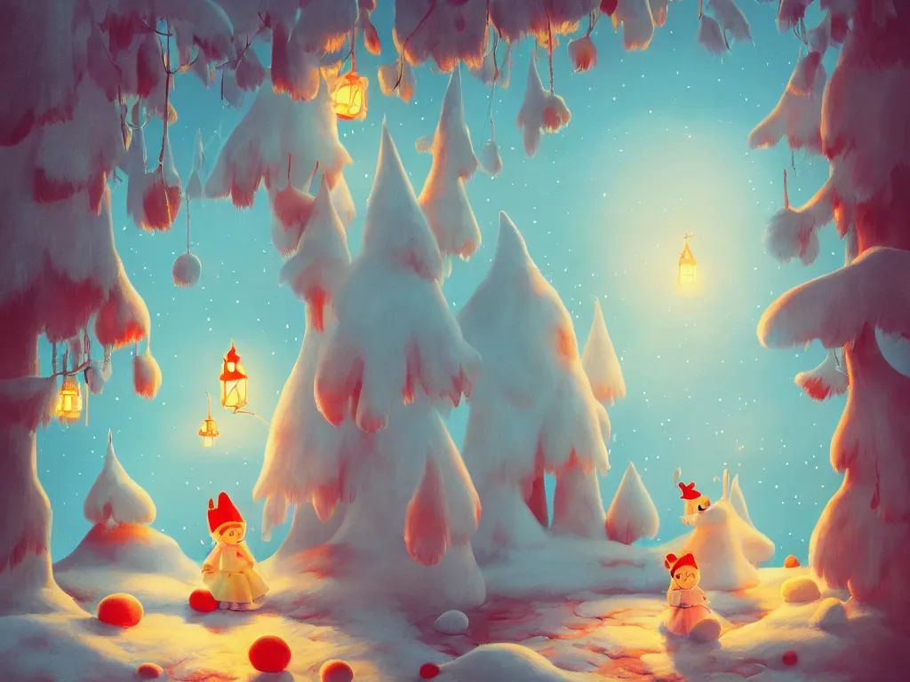 Prompt: moomins in a magic space wonderland, looking cute, illustration, warm colors, fluffy, cozy, hyperrealistic, low light, volumetric light, smooth, trending on artstation