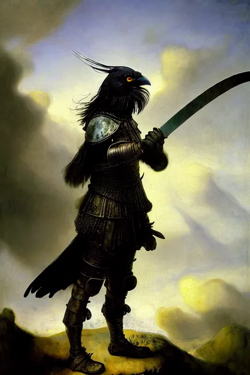 Prompt: a bipedal raven that is wearing full iron plate armor, and holding a two - handed sword, as a matte oil painting and d & d art, by rembrandt, standing, fullbody, crows, cumulus clouds, blue fog, sharp focus, award - winning, extremely detailed, 4 k,