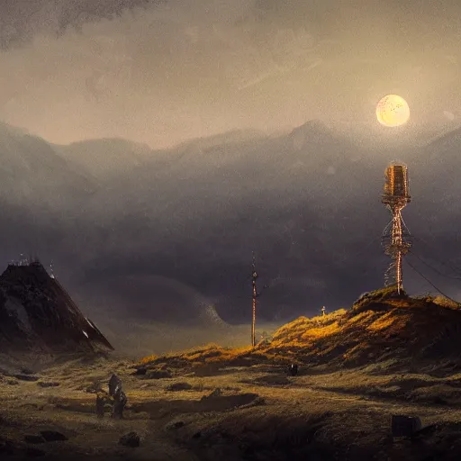 Image similar to Mountain covered with mist and radio tower on top of it, yellow moon directly behind. highly detailed art of Greg Rutkowski, night setting, 4k artsrstion trending