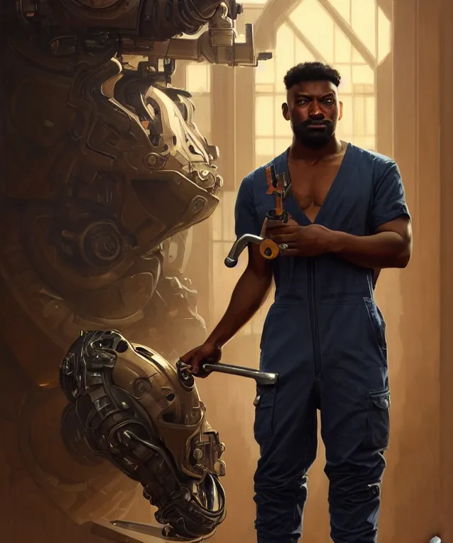 Image similar to Short stocky man holding a wrench, wearing a jumpsuit, portrait, face, black skin, sci-fi, intricate, elegant, highly detailed, digital painting, artstation, concept art, smooth, sharp focus, illustration, art by artgerm and greg rutkowski and alphonse mucha