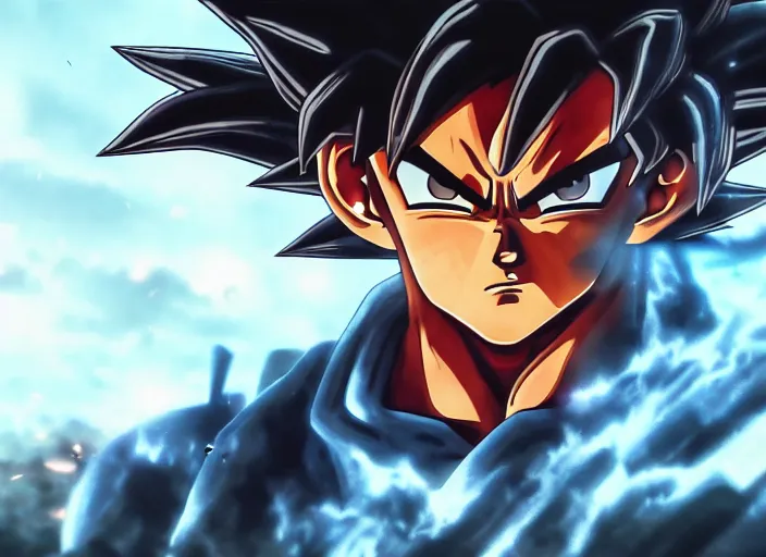 Prompt: close up cinematic artwork of goku staring down the enemy on the battlefield by Greg Rutkowski, 4k, masterpiece