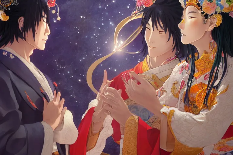 Image similar to close up moment of a divine a japan sun god and a moon goddess lovers magician at a wedding banquet, highly detailed, genshin, fantasy, 4 k realistic, digital painting, trending on artstation, concept art, sharp focus, illustration, art by makoto shinkai and akihiko yoshida and daniel gerhartz