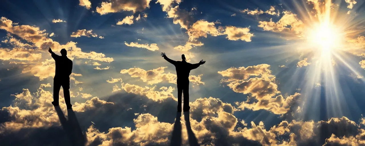 Image similar to god reaching down in a ray of light with his mighty hand, god ray, glowing, dreamy, religion, clouds, the lord