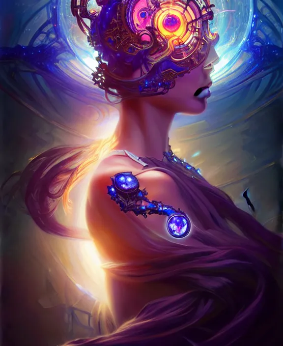 Image similar to a whirlwind of souls rushing inside the metaverse, half body, glowin eyes, tiara with sapphire, pharaoh, android, cyberpunk, d & d, fantasy, intricate, elegant, highly detailed, colorful, vivid color, digital painting, artstation, concept art, art by artgerm and greg rutkowski and alphonse mucha and ruan jia