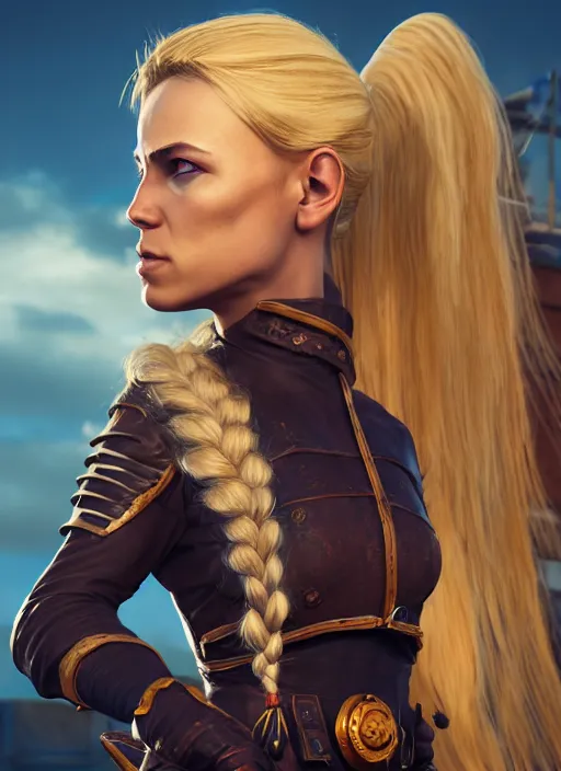 Image similar to An epic fantasy comic book style portrait painting of tall blonde haired female sky-pirate with a serious face and a pony tail in front of a metal gangplank, unreal 5, DAZ, hyperrealistic, octane render, cosplay, RPG portrait, dynamic lighting