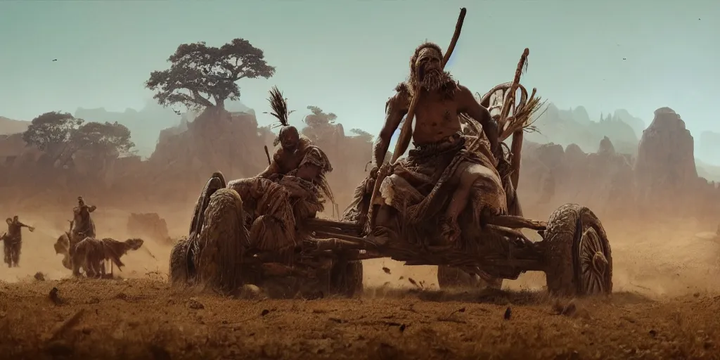 Image similar to photo of an ancient tribesman on ancient atv with big wooden wheels, hunting panicked buffalo herd ,attacking, wild chase, action scene, an epic fantasy, dramatic lighting, cinematic, establishing shot, extremely high detail, photorealistic, cinematic lighting, artstation, octane render, by simon stalenhag, horizon forbidden west,old photo, high speed photography, vintage