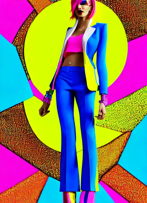 Image similar to bright trouser suit for a rave, bright colors, many details, prints, photo for a magazine, photo for a store, fashion photography, Vogue, 135 mm, cinematic, hyper realism, high detail, 8k, Two models in the frame, dynamic pose,Smooth skin, perfect face