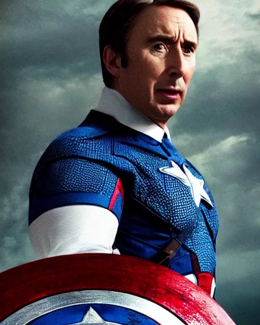 Prompt: film still close - up shot of alan partridge as captain america from the movie captain america : the first avenger. photographic, photography