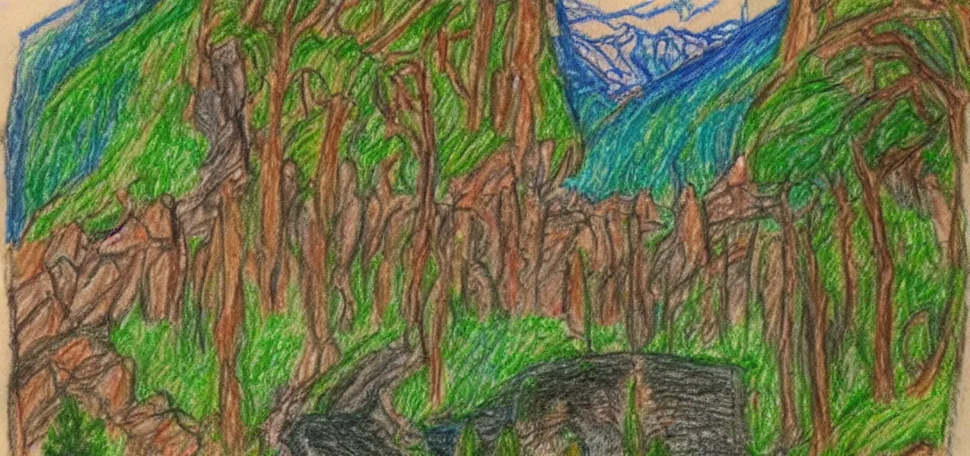 Image similar to Rivendell landscape drawn in crayon by a five-year old