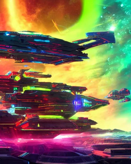 Image similar to Detailed epic render of scifi space battleship with vivid neon colors and atmosphere