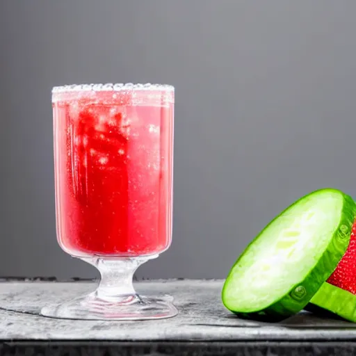 Prompt: a cucumber and strawberry drink on a table, water condensation beads, studio lighting