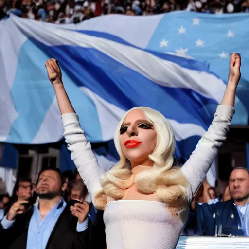 Image similar to Lady Gaga as president, Argentina presidential rally, Argentine flags behind, bokeh, giving a speech, detailed face, Argentina