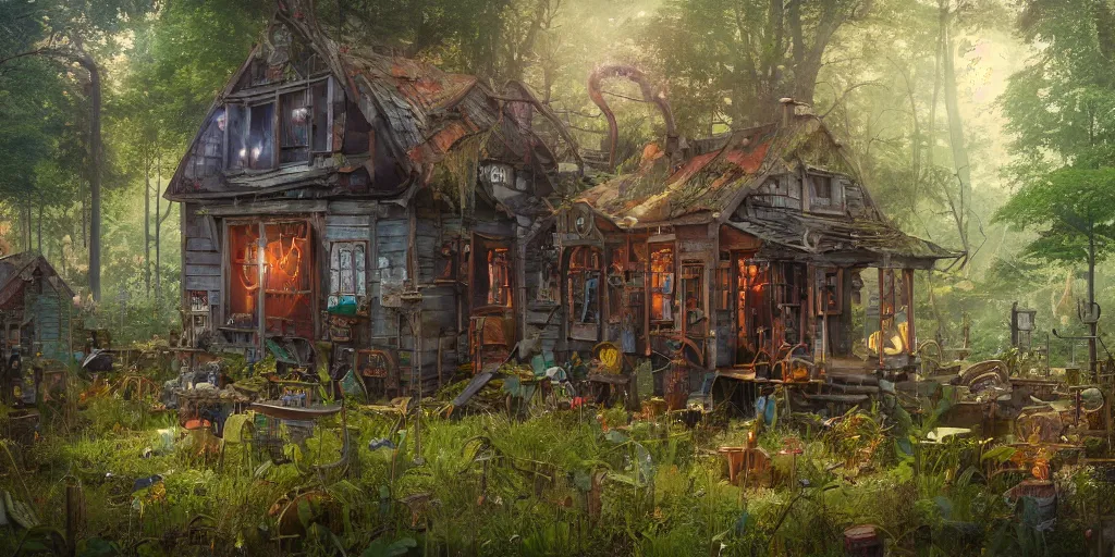 Image similar to steampunk wooden shack, overgrown, colorful, contrast, depth of field, 3 d scene, render, greg rutkowski, zabrocki, karlkka, jayison devadas, trending on artstation, 8 k, ultra wide angle, zenith view, pincushion lens effect