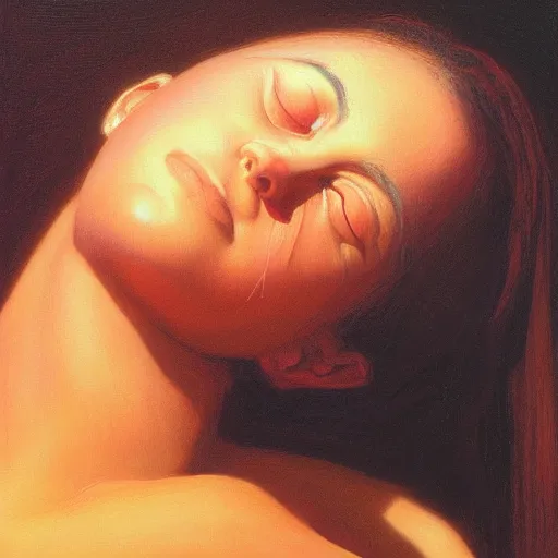 Prompt: woman with beautiful face closeup meditating , Award_winning_oil_painting_by_Thomas_Cole_and_Wayne_Barlowe