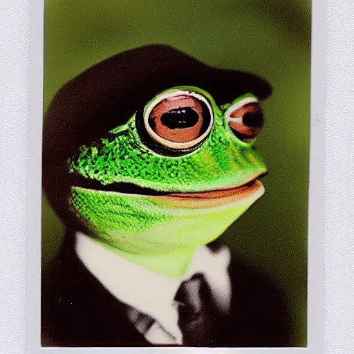 Image similar to pepe the frog, realistic old photograph, polaroid