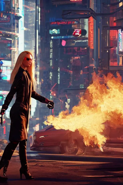 Image similar to in the foreground a street of Saint Petersburg, in the background a blond woman spitting flames with her hands wearing a long jacket like a matrix, realistic, high definition, many details, dramatic scene, detailed and realistic hands, symmetrical face, eyes realistic, art of cyberpunk 2077