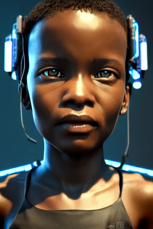 Prompt: a portrait of a young cyberpunk African child, biotech machine, photo realistic rendering with a cyberpunk style, dramatic cinematic lighting, highly detailed post processing, artstation, unreal engine, detailed face
