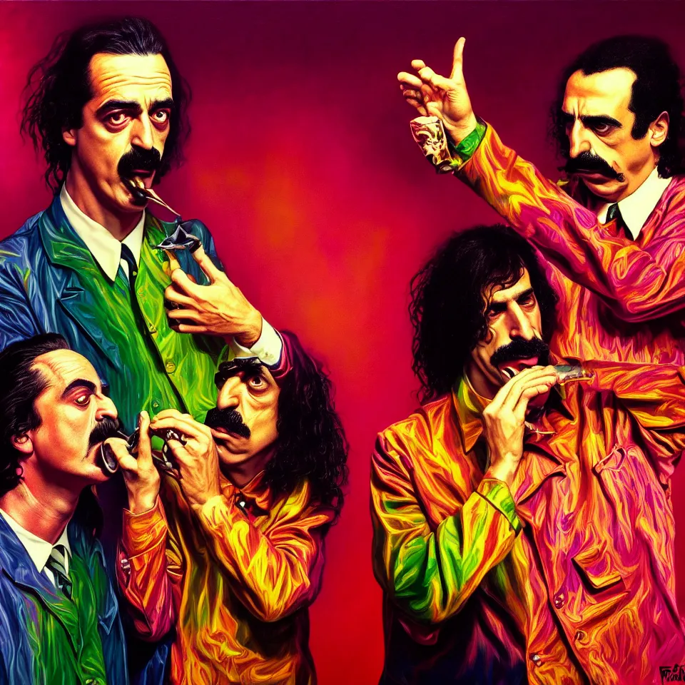 Prompt: bright psychedelic mike patton eating frank zappa who is puking hitler, diffuse lighting, fantasy, intricate, elegant, highly detailed, lifelike, photorealistic, digital painting, artstation, illustration, concept art, smooth, sharp focus, art by francis bacon