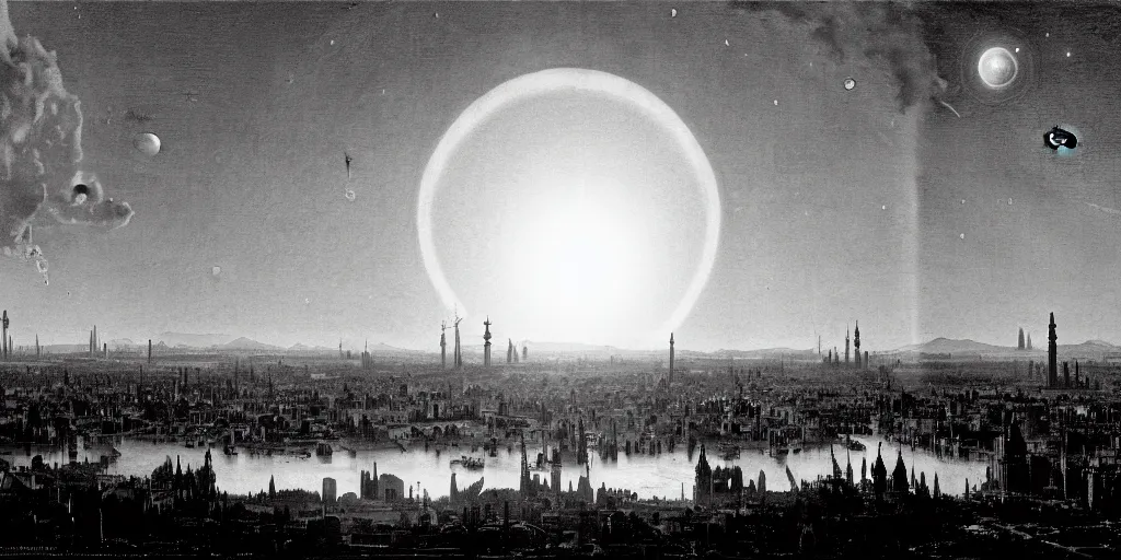 Image similar to planetary city, 2 suns on the horizon by ansel adams and bernardo bellotto