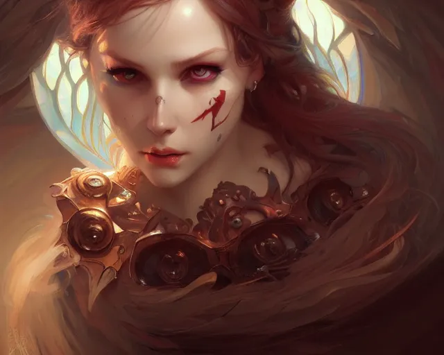 Image similar to fractured doll face, deep focus, d & d, fantasy, intricate, elegant, highly detailed, digital painting, artstation, concept art, matte, sharp focus, illustration, hearthstone, art by artgerm and greg rutkowski and alphonse mucha