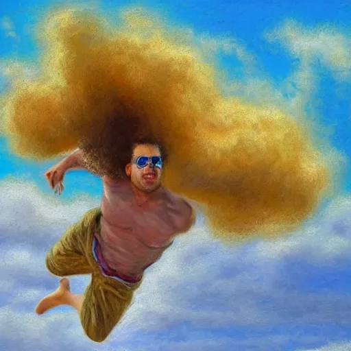 Image similar to egyptian man with curly hair, skydiving without a parachute, pastel clouds, impressionist painting, figurative painting, intricate details, happy