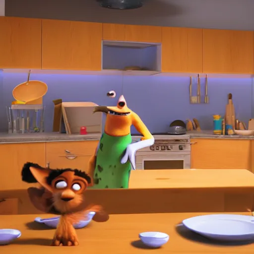 Prompt: pixar animals doing the dishes in the kitchen, Cinecolor, 32k, Ray Tracing Global Illumination