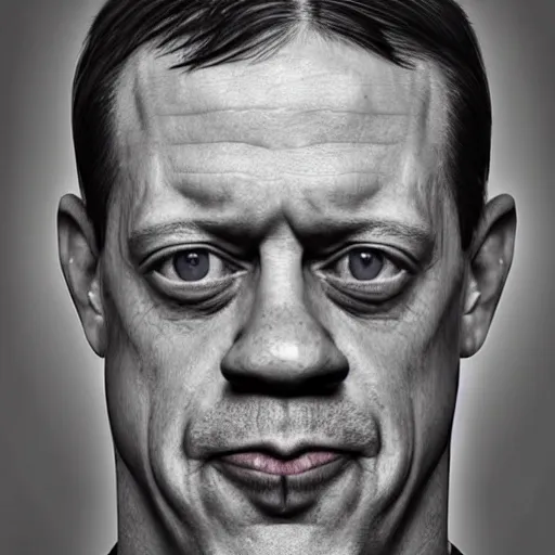 Image similar to photo portrait mugshot of the lovechild of john cena and steve buscemi from new jersey, realistic, hyperrealistic, 8 k resolution, hd quality, very detailed, highly detailed, intricate details, real life, real world, trending on artstation, digital art, really realistic, very realistic, headshot, head in frame, stock image, mugshot
