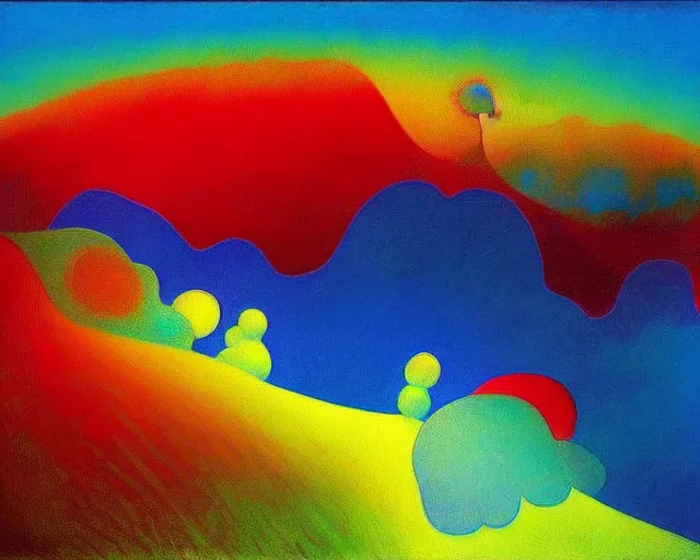 Image similar to An insane, modernist landscape painting. Wild energy patterns rippling in all directions. Curves, organic, zig-zags. Mountains, clouds. Rushing water. Waves. Psychedelic dream world. Odilon Redon. Agnes Pelton. Peter Max.