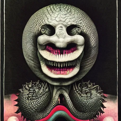 Prompt: post - punk album cover, asymmetrical design, snake, capitalism, magic, apocalypse, psychedelic, black white pastel pink, slightly holographic, magic, giger h. r., giuseppe arcimboldo, peder balke