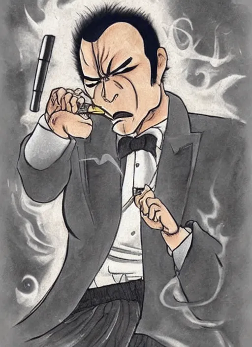 Image similar to heihachi mishima dressed formally, smoking a cigar, drawn in the style of keisuke itagaki