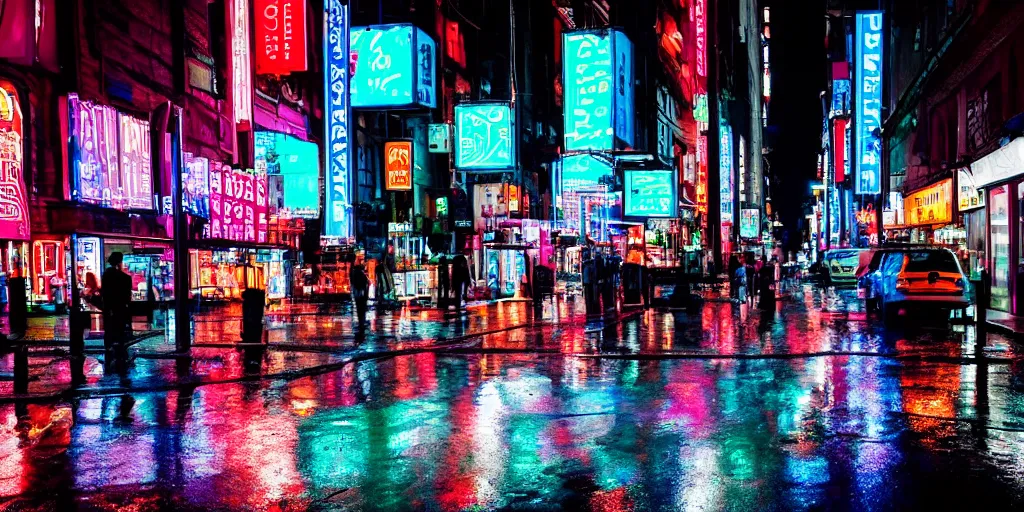 Image similar to A rainy street lit up by neon signs in the city