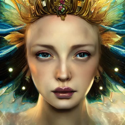 Prompt: queen of the faries, fantasy art, photo realistic, dynamic lighting, artstation, poster, volumetric lighting, very detailed faces, 4 k, award winning, hyper realistic portrait, full figure, very detailed face, 4 k, award winning, bold, striking, high contrast, vivid colours by mucha and da vinci and botticelli and frazetta