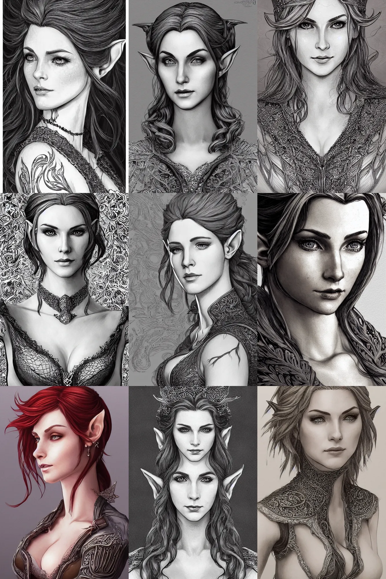 Prompt: alluring highly-detailed pen and ink illustration portrait of an attractive young elf woman (played by Triss from Witcher 3), clothed in an extremely chesty fantasy outfit, intricate, elegant, highly detailed, digital painting, trending on Artstation, concept art, smooth, sharp focus, illustration, in the style of artgerm and greg rutkowski and alphonse mucha
