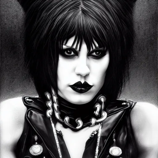 Prompt: portrait of Joan Jett as the Goddess of all Goths, detailed, 8k, cinematic, beautiful art portrait, dark fantasy atmosphere, hyper realism, photorealistic