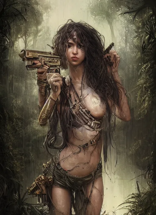 Image similar to beautiful portrait of a young very beautiful cute tribal woman with a steampunk gun, in a post apocalyptic city overgrown with lush vegetation, by Luis Royo, by Greg Rutkowski, dark, gritty, intricate, head space, cover illustration, concept art, volumetric lighting, volumetric atmosphere, octane render, trending on artstation, 8k