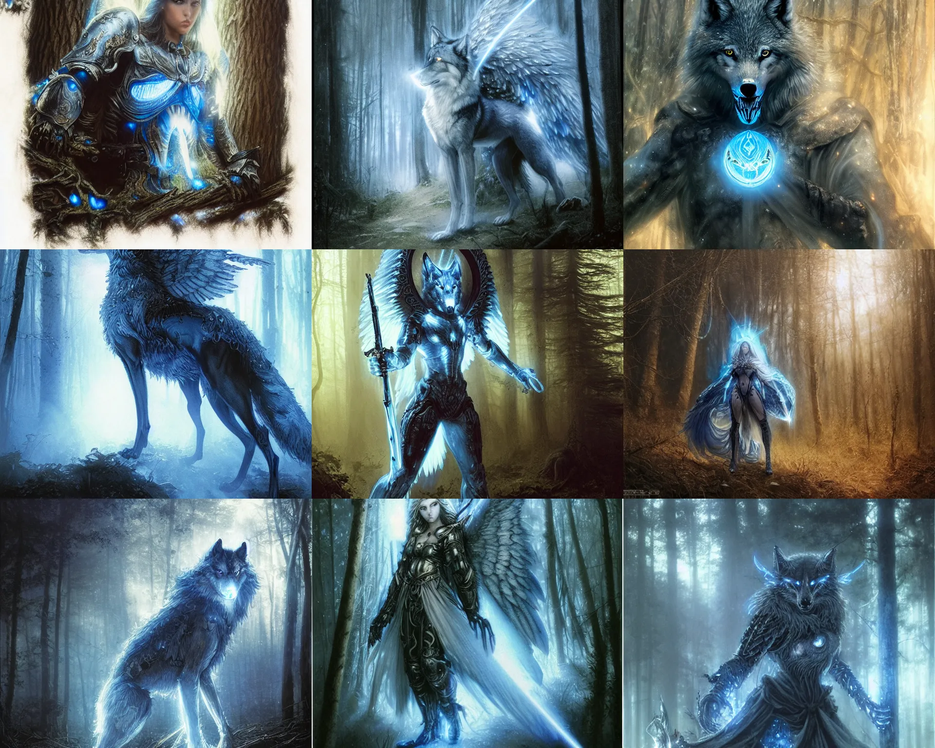 Image similar to 5 5 mm portrait photo of an armored holy wolf angelic with blue glowing eyes and looking at the camera, glowing with holy lights, holy energy, in a magical forest. magical atmosphere. art by greg rutkowski and luis royo. highly detailed 8 k. intricate. lifelike. soft light. nikon d 8 5 0.